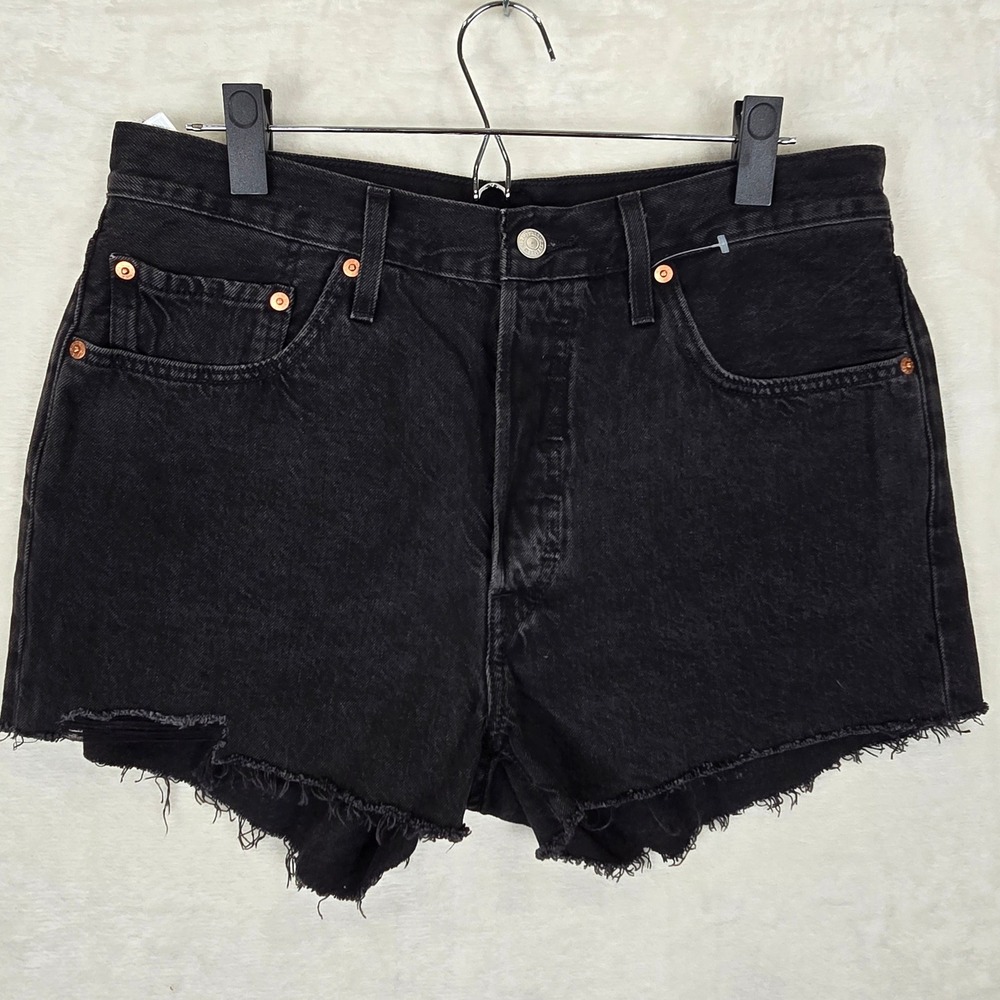 Levis 501 Original High Rise Denim Shorts Black Cut Off Button Fly Womens